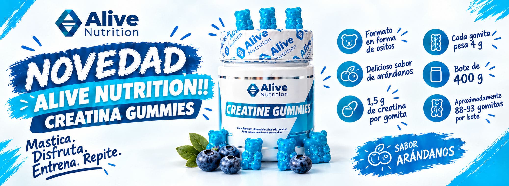Novedad Alive Nutrition — Creatine Gummies sabor arándanos, bote de 400 g